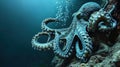 An octopus is swimming in the ocean with bubbles coming out of its mouth, AI