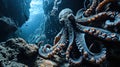 An octopus is swimming in the ocean with a bunch of rocks, AI