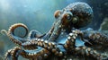 An octopus is swimming in the ocean with its tentacles out, AI