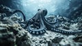 An octopus is swimming in the ocean with its tentacles out, AI