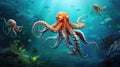 An octopus swimming in the ocean with other octopi, AI Royalty Free Stock Photo