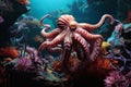 An octopus swimming in the ocean with other octopi, AI