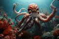 An octopus swimming in the ocean with other octopi, AI