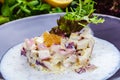 Octopus tartare with pike caviar on a plate Royalty Free Stock Photo