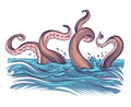 Octopus tentacle in sea. Underwater ocean invertebrate monster. Cartoon japanese squid cuttlefish vector illustration