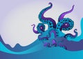 Octopus tentacle in sea waves. Underwater ocean monster Kraken