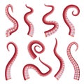 Octopus Tentacles Collection, Seafood, Underwater Marine Creature Part of Body Vector Illustration