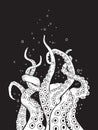 Octopus tentacles curl and intertwined hand drawn black and white line art background or print design vetor illustration