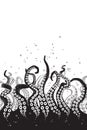 Octopus tentacles curl and intertwined hand drawn black and white line art background or print design vetor illustration