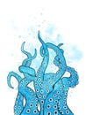 Octopus tentacles curl and intertwined hand drawn line art with blue watercolor elements background or print design vetor Royalty Free Stock Photo