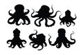 Octopus with tentacles in different positions, silhouette set vector. Big octopus silhouette collection on a white background. Sea Royalty Free Stock Photo