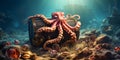 Octopus with treasure chest and gold coins rests on ocean floor. Concept Seaside Adventure, Underwater Exploration, Mythical