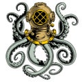 Octopus and vintage diver helmet. Kraken tentacles. T-shirt design, tattoo or label. Comic style vector illustration Royalty Free Stock Photo