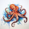 Octopus Watercolour Painting On White Background