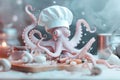 An octopus wearing a chef's hat is in a kitchen setting. It is interacting with different cooking tools and food items. The Royalty Free Stock Photo