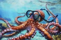 An octopus wearing diving goggles imitates a diver, surrounded by marine fauna.