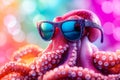 An octopus wearing sunglasses on a colorful background Royalty Free Stock Photo