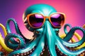 Octopus Wearing Sunglasses Strikes a Pose in Cartoon-Style Photography Studio