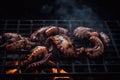 Octopuses on the grill. Grilled seafood. Smoke, fire. Cooking octopus. Generative AI