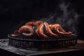 Octopuses on the grill. Grilled seafood. Smoke, fire. Cooking octopus. Generative AI