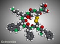 Octreotide molecule. It is octapeptide, synthetic somatostatin analogue, inhibitor of growth hormone, glucagon, insulin. Molecular Royalty Free Stock Photo