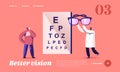 Oculist Appointment Landing Page Template. Tiny Male Doctor Character Carry Huge Eyeglasses for Patient Vision Checkup