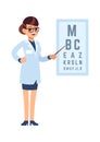 Oculist. Doctor cartoon character stands in glasses and white medical uniform and tests with alphabet, diagnostic eye