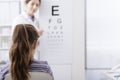 Oculist testing a young patient`s eyesight using an eye chart