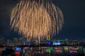 Odaiba,Minato,Tokyo,Japan on December7,2019:Rainbow Bridge as a perfect backdrop for fireworks during Odaiba Rainbow Winter Firewo Royalty Free Stock Photo