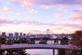 Odaiba Rainbow bridge with Tokyo bay view at evening sunset sky with tourists Royalty Free Stock Photo