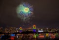 Odaiba,Minato,Tokyo,Japan on December7,2019:Rainbow Bridge as a perfect backdrop for fireworks during Odaiba Rainbow Winter Firewo Royalty Free Stock Photo