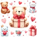 watercolor Cute cartoon bear with gift box and hearts. Royalty Free Stock Photo