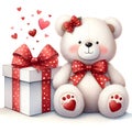 watercolor Cute cartoon bear with gift box and hearts. Royalty Free Stock Photo