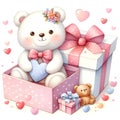 watercolor Cute cartoon bear with gift box and hearts. Royalty Free Stock Photo