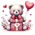 watercolor Cute cartoon bear with gift box and hearts. Royalty Free Stock Photo