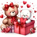 watercolor Cute cartoon bear with gift box and hearts. Royalty Free Stock Photo