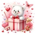 watercolor Cute cartoon bear with gift box and hearts. Royalty Free Stock Photo