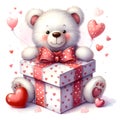 watercolor Cute cartoon bear with gift box and hearts. Royalty Free Stock Photo