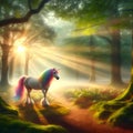 Magic unicorn in the forest. Fairytale scene.