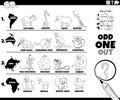 Odd one out animal picture game coloring book page Royalty Free Stock Photo