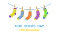 Odd socks day. Anti bullying week banner. Different colorful odd socks hanging on the rope. Vector cartoon illustration Royalty Free Stock Photo