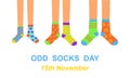 Odd socks day anti bullying week banner. Man, woman, and children feet in different colorful crazy socks. Vector flat Royalty Free Stock Photo