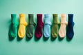 Odd socks day concept. Unique socks on pastel green background. Copy space
