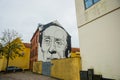 Odense, Denmark: Beautiful portrait of Hans Christian Andersen graffiti painted on the wall