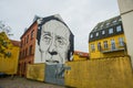 Odense, Denmark: Beautiful portrait of Hans Christian Andersen graffiti painted on the wall