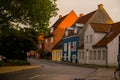 Odense, Denmark: Beautiful traditional houses on the street in Odense is the city birthplace of Hans Christian Andersen Royalty Free Stock Photo