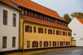 Odense, Denmark: Beautiful traditional houses on the street in Odense is the city birthplace of Hans Christian Andersen Royalty Free Stock Photo