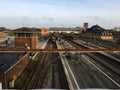 ODENSE, DENMARK - MAY 02, 2019: Black and white image of railroad tracks at an older railway station Royalty Free Stock Photo