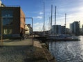 Odense, harbor houses in winter by the water, boats, beautiful quiet place for living. Denmark