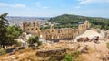 Odeon of Herodes Atticus at Acropolis of Athens, Greece. It is famous landmark of Athens. Panoramic scenic view of ancient theater